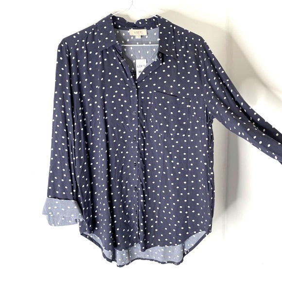LOFT Navy White Polka Dot Button Blouse NWT - Picture 2 of 7